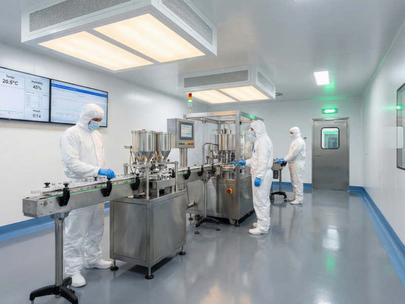A state-of-the-art pharmaceutical cleanroom production line, featuring an ISO 5 aseptic filling zone, seamless epoxy flooring, and real-time environmental monitoring systems