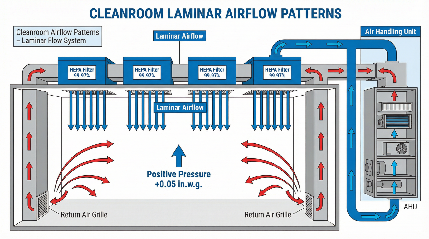 Technical diagram showing laminar airflow patterns, positive pressure maintenance, and the air recirculation loop through HEPA filters.