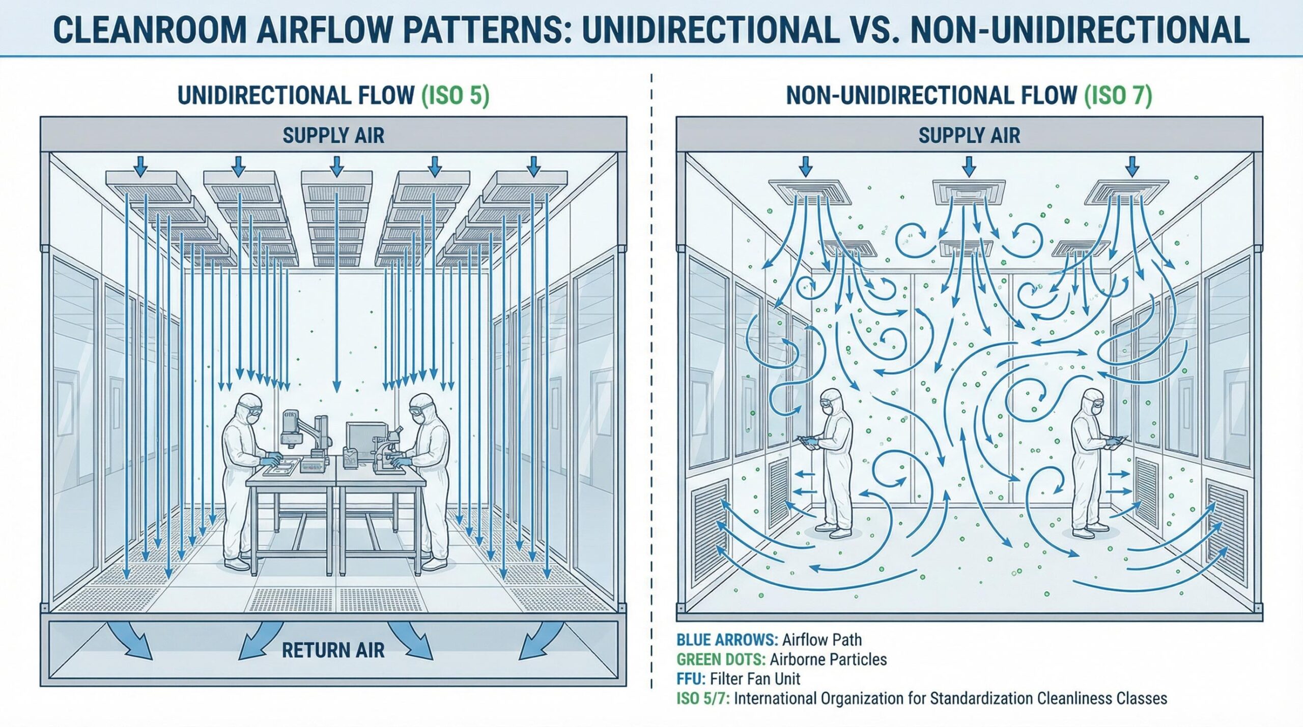 Figure 2: Unidirectional (Laminar) vs. Non-unidirectional (Turbulent) Airflow
